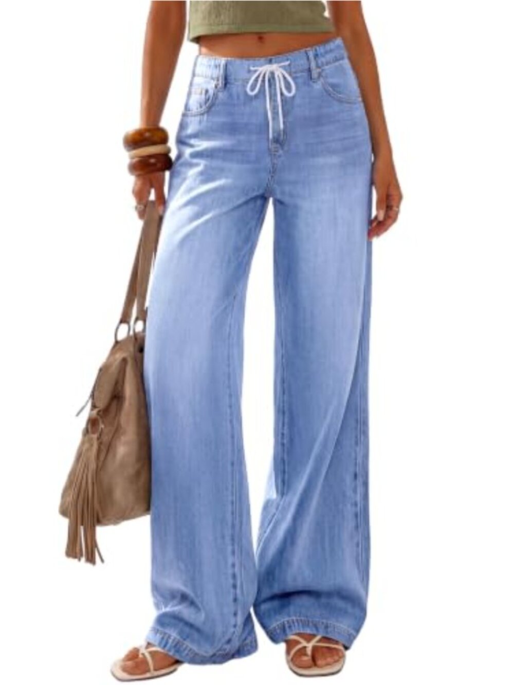 Stretchy Wide Leg Drawstring High Waist Jeans for Women